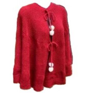Knitted Shawl Shrug Capelet Sweater with Snap Closure and Pom Pom Trim One Size